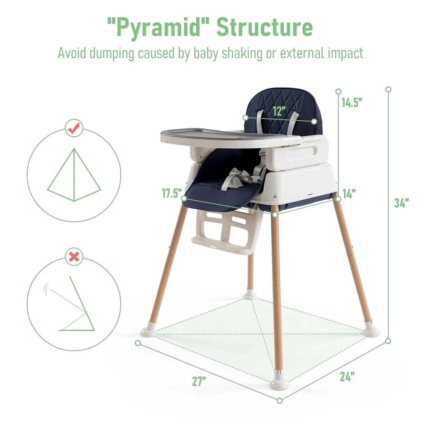 3 in 1 Baby High Chair, Portable High Chairs for Babies and Toddlers, Adjustable Convertible Infant Baby Feeding Chair Booster for Eating with Detachable Double Tray