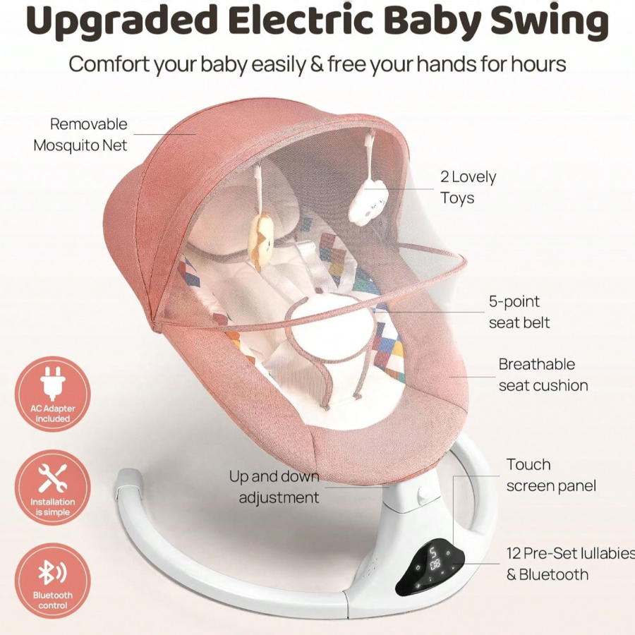 Baby Swings For Infants, Pink Infant Swing With Bluetooth & Remote Control, Portable Baby Swing For Indoor And Outdoor