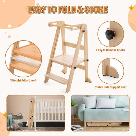 Foldable Toddler Kitchen Tower with 3 Adjustable Heights – Montessori Step Stool for Kids 1.5-6 Years