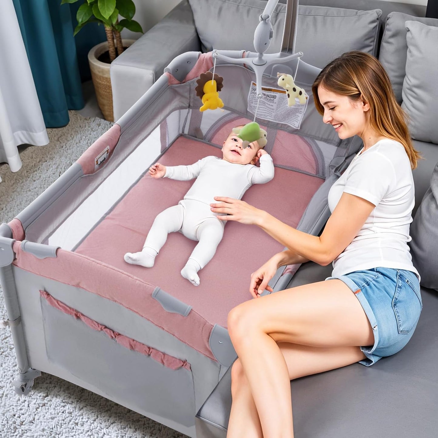 5 in 1 Infant Newborn Baby Crib Baby Bassinet with Changing Table,Pink Gray