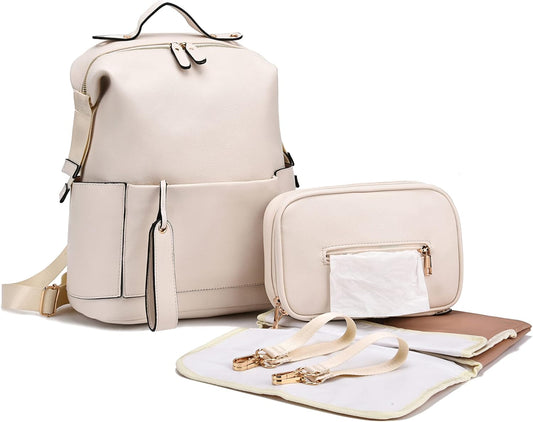 Diaper Bag Backpack Leather Backpack with Changing Pad Stroller Straps