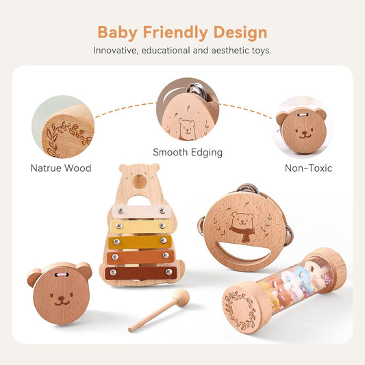 Baby Musical Instruments - Your Child's First Musical Toys with Castanet Rainmaker Tambourine Xylophone - Baby Friendly Design Wooden Instruments Set