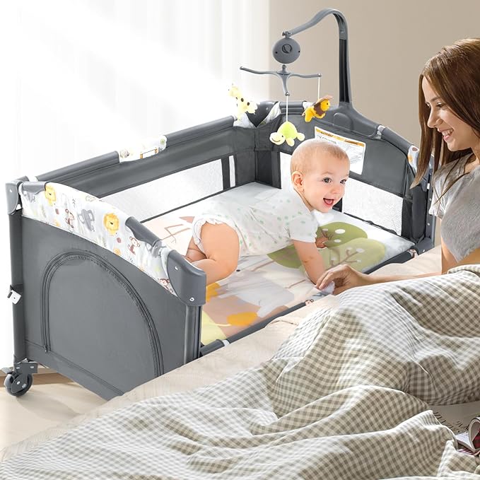 Baby Bassinet Beside Sleeper, Pack and Play with Bassinet and Changing Table Portable Travel Baby Playpen with Toys & Music Box, Mattress for Boy Girl Infant Newborn