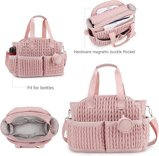 Diaper Tote Quilted Mommy Bag Function Maternity Baby Bag Diaper Changing Messenger with Shoulder Strap Wet Pocket