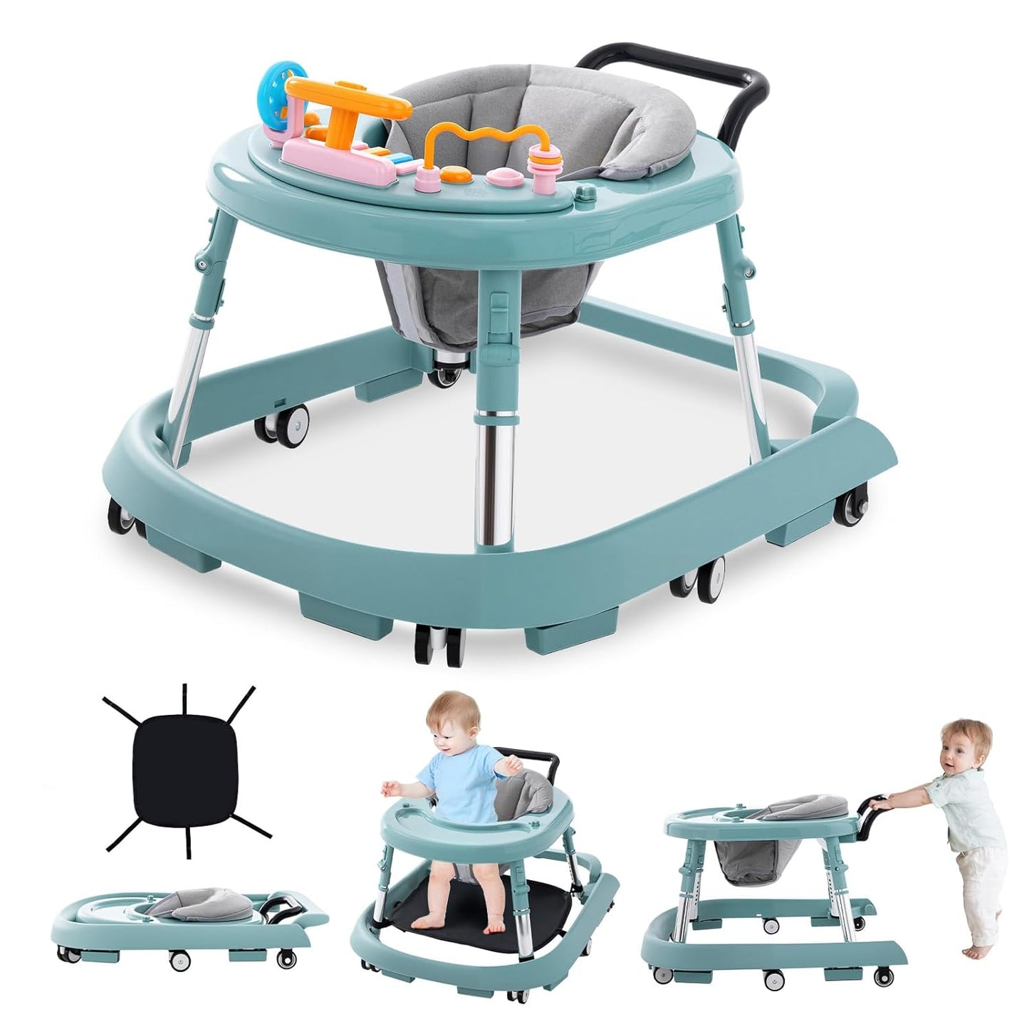 Baby Walker Foldable with Music and Lights,Portable Baby Walker with Wheels,9 Adjustable Heights,Removable Tray&Footrest, Speed Adjustable