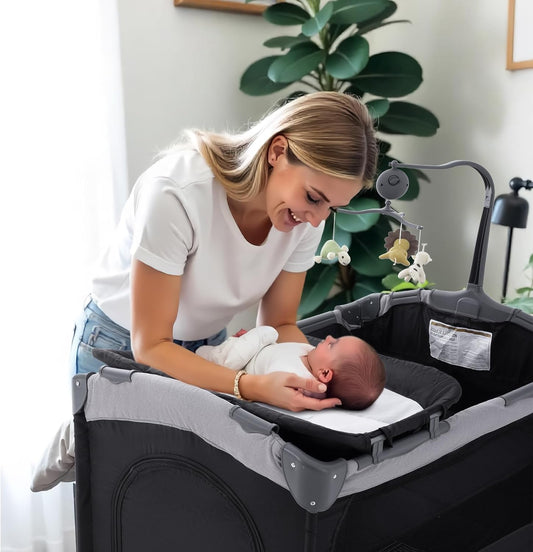 5 in 1 Infant Newborn Baby Crib Baby Bassinet with Changing Table,Black
