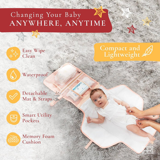 Portable Diaper Changing Pad – CPC Certified Waterproof 2-in-1 Diaper Clutch & Changing Mat with Head Cushion – Bonus Insulated Bottle Bag – Travel Kit Gift for Baby