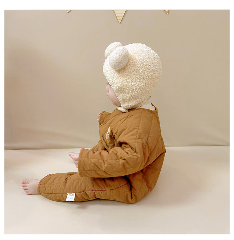 Baby Winter Padded Romper - Embroidered Bear Quilted Jumpsuit for Infants