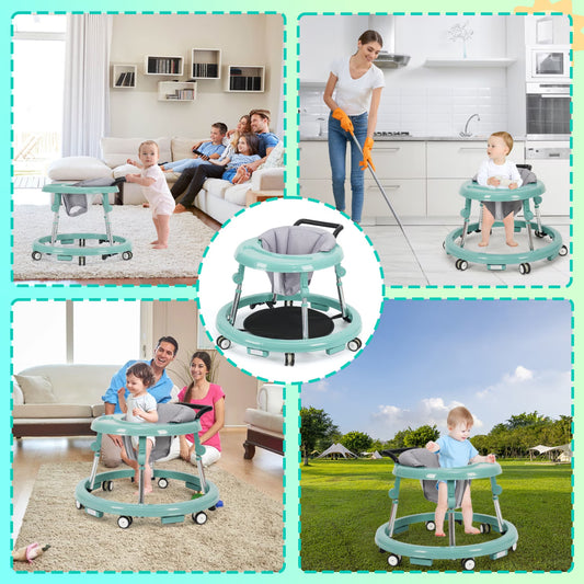 Baby Walker Foldable with 9 Adjustable Heights, Baby Walkers and Activity Center for Boys Girls Babies 6-12 Months, Baby Walker and Bouncer Combo with Wheels Portable Anti-Rollover, Mother's Choice
