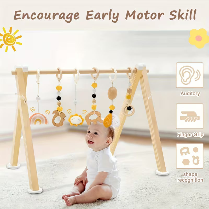 Wooden Baby Gym Featuring Six Hanging Toys, a Foldable Design Suitable for Infants Aged 0-12 Months, Perfect As a Gift for Newborns