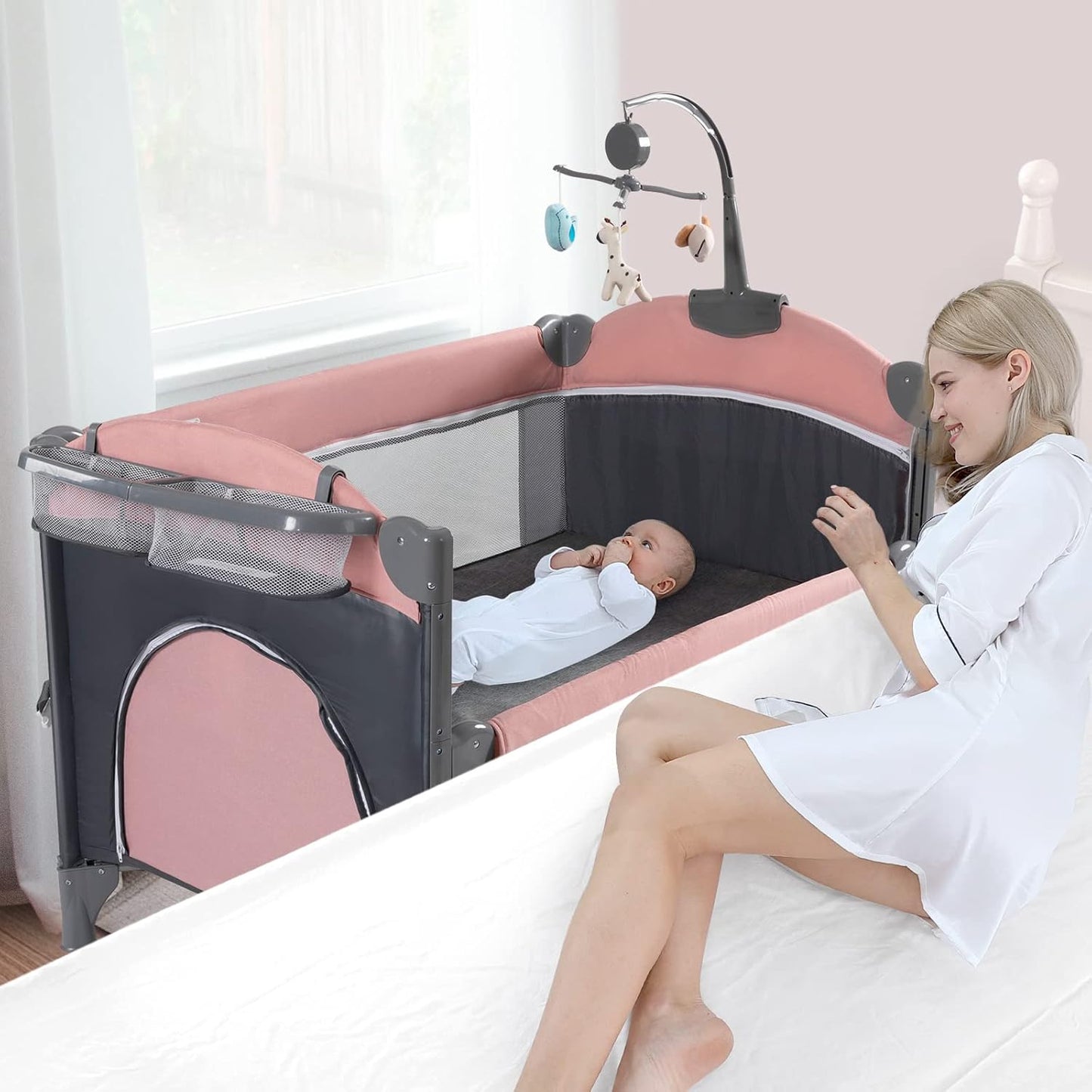 Baby Bassinet Beside Sleeper, Pack and Play with Bassinet and Changing Table Portable Travel Baby Playpen with Toys & Music Box, Mattress for Boy Girl Infant Newborn