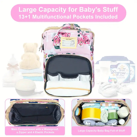 Large Capacity Diaper Bag with USB Charging Port, Multifunctional Foldable Baby Bed, Nappy Changing Backpack