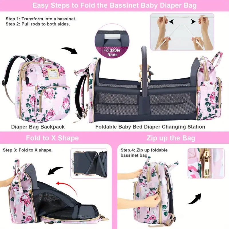 Large Capacity Diaper Bag with USB Charging Port, Multifunctional Foldable Baby Bed, Nappy Changing Backpack