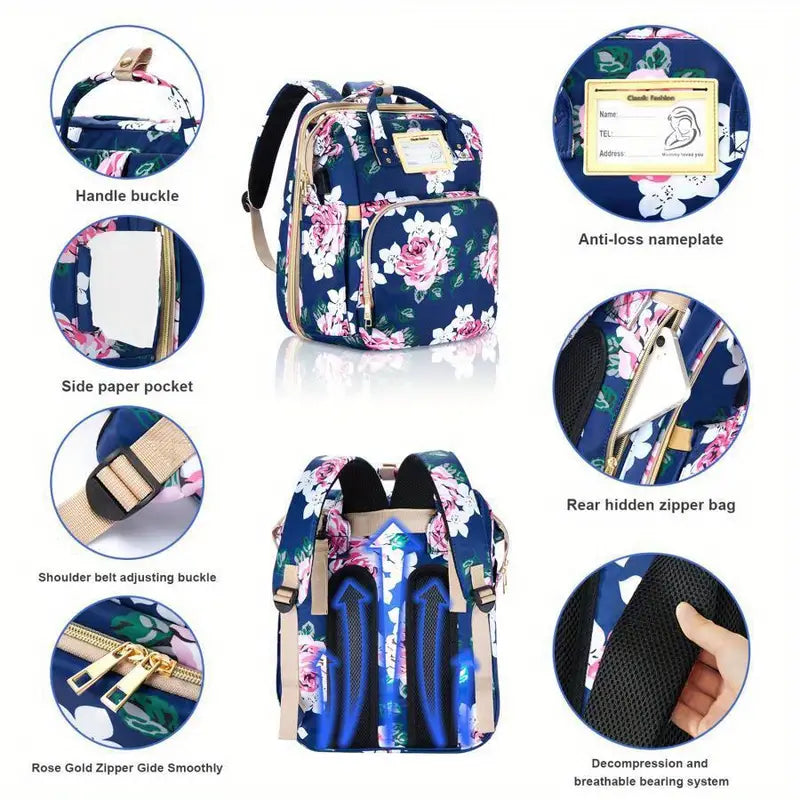 Large Capacity Diaper Bag with USB Charging Port, Multifunctional Foldable Baby Bed, Nappy Changing Backpack