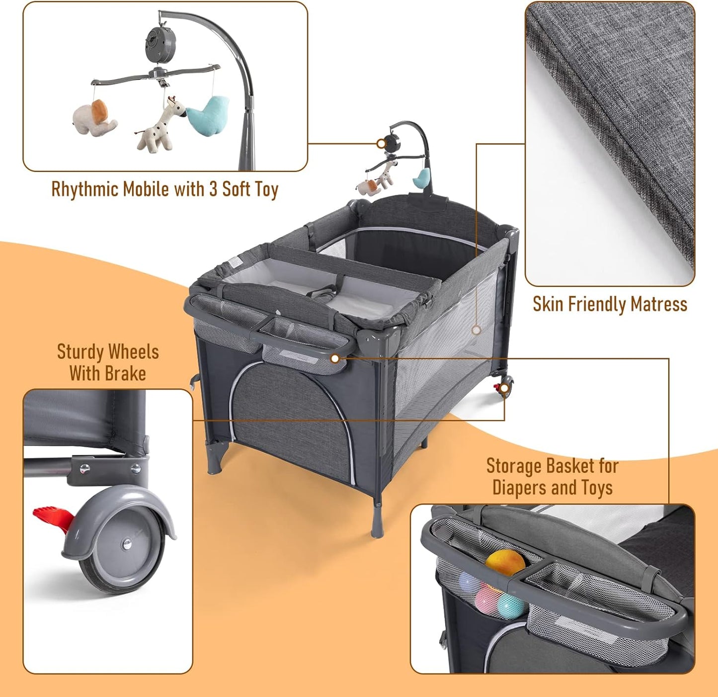 5 in 1 Baby Crib, Bedside Cribs, Pack and Play with Bassinet and Changing Table