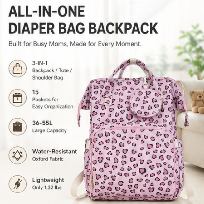 Convertible Diaper Bag Backpack for Moms, Large Capacity Waterproof Baby Travel Tote with 15 Pockets