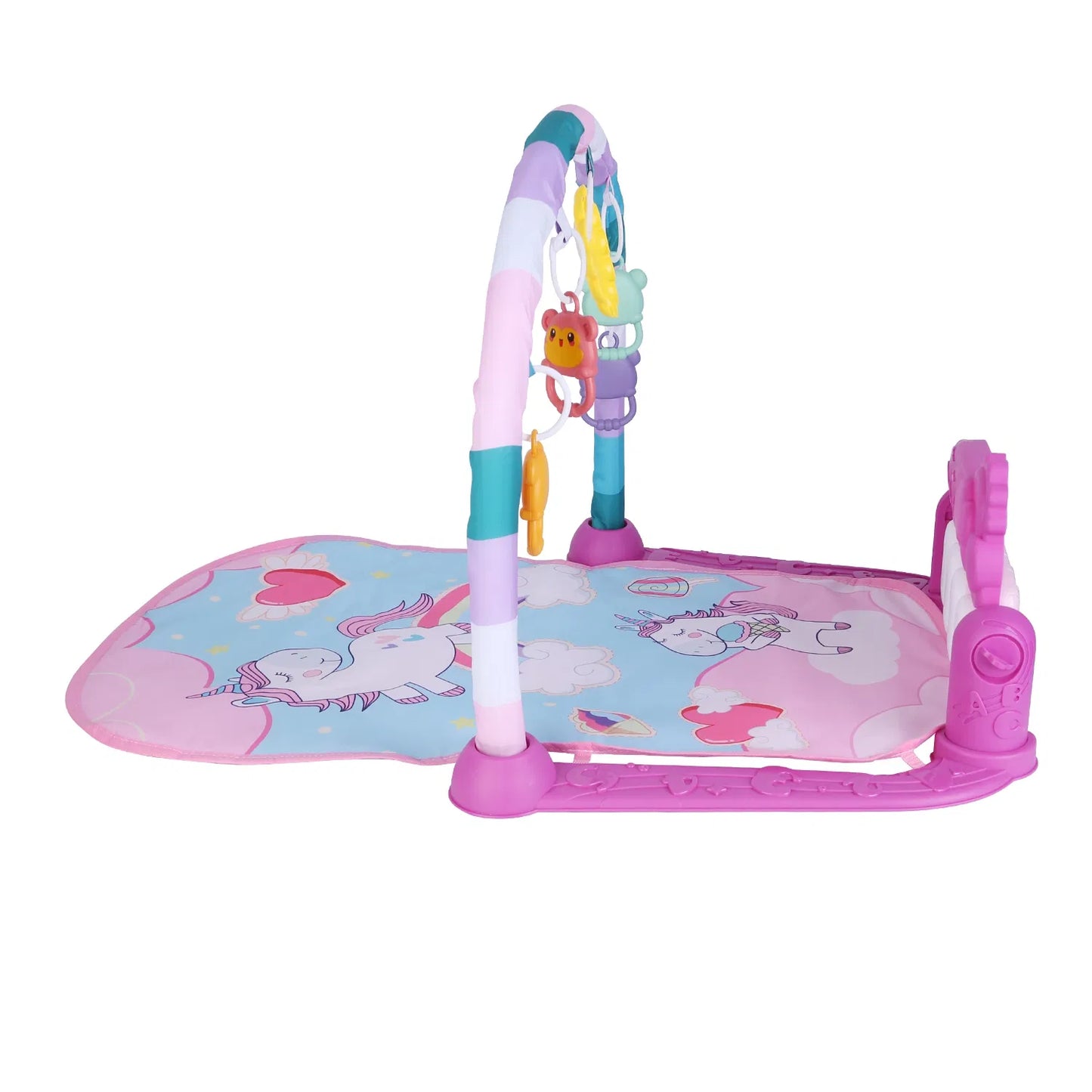 2 In 1 Baby Gym Play Mat Tummy Time Mat Musical Activity Center with 5 Rattle Toys 422 Melodies for 0-12 Months Old Space Dinosaur Unicorn