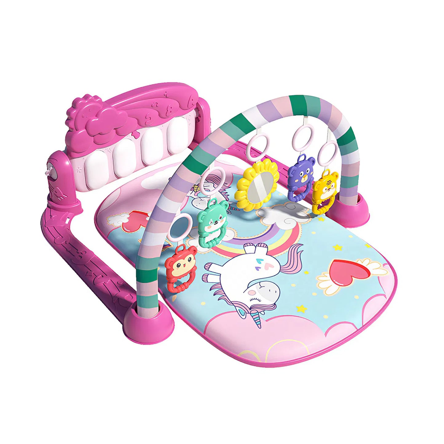 2 In 1 Baby Gym Play Mat Tummy Time Mat Musical Activity Center with 5 Rattle Toys 422 Melodies for 0-12 Months Old Space Dinosaur Unicorn