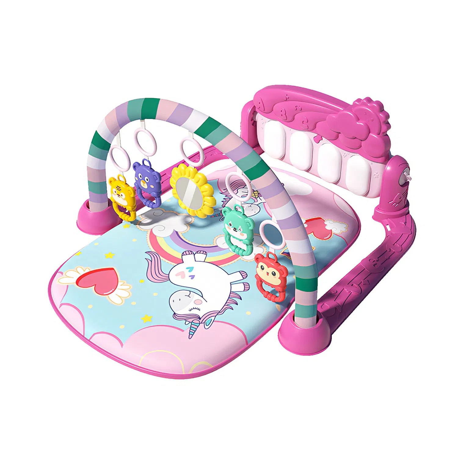 2 In 1 Baby Gym Play Mat Tummy Time Mat Musical Activity Center with 5 Rattle Toys 422 Melodies for 0-12 Months Old Space Dinosaur Unicorn