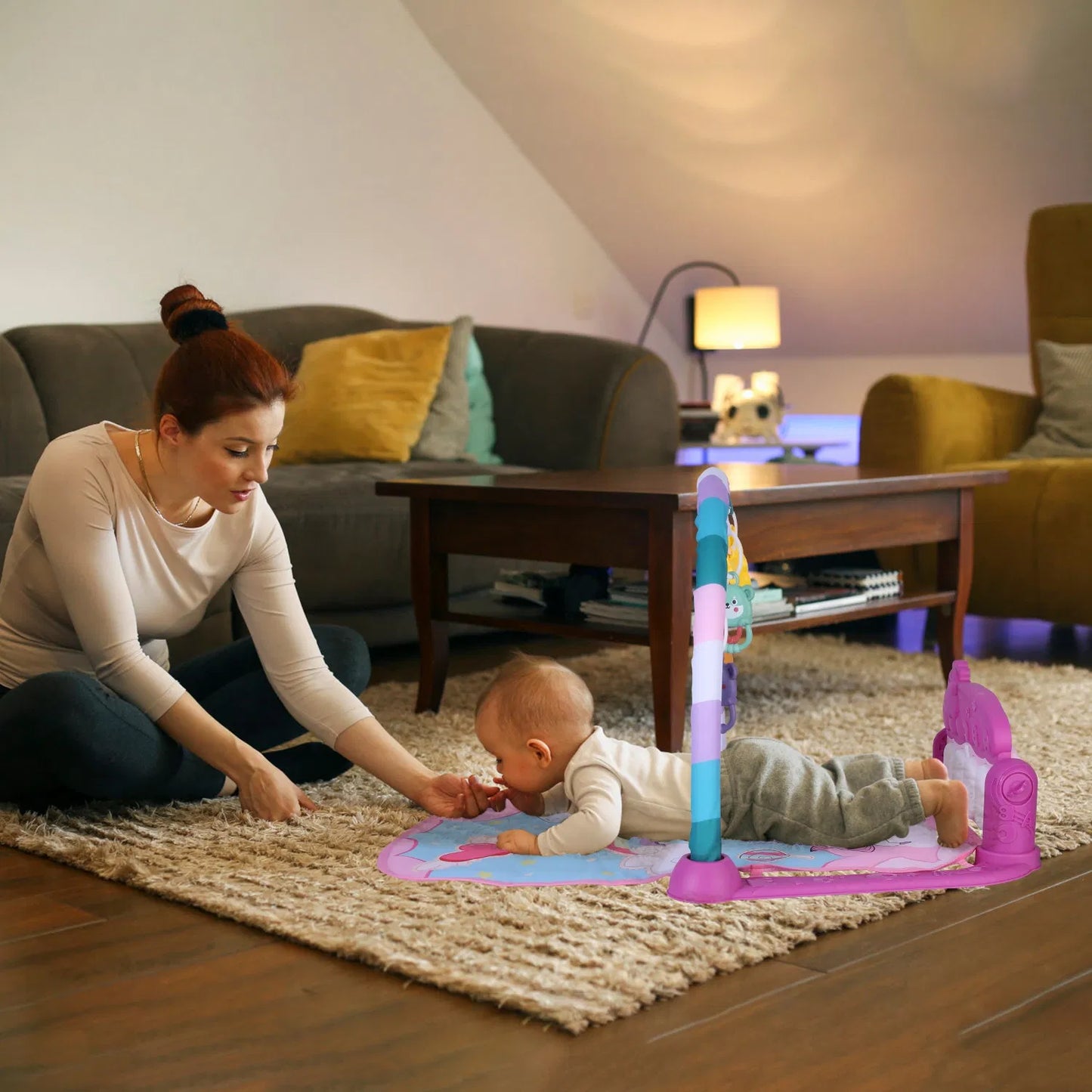 2 In 1 Baby Gym Play Mat Tummy Time Mat Musical Activity Center with 5 Rattle Toys 422 Melodies for 0-12 Months Old Space Dinosaur Unicorn