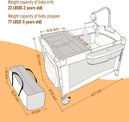 5 in 1 Baby Crib, Bedside Cribs, Pack and Play with Bassinet and Changing Table