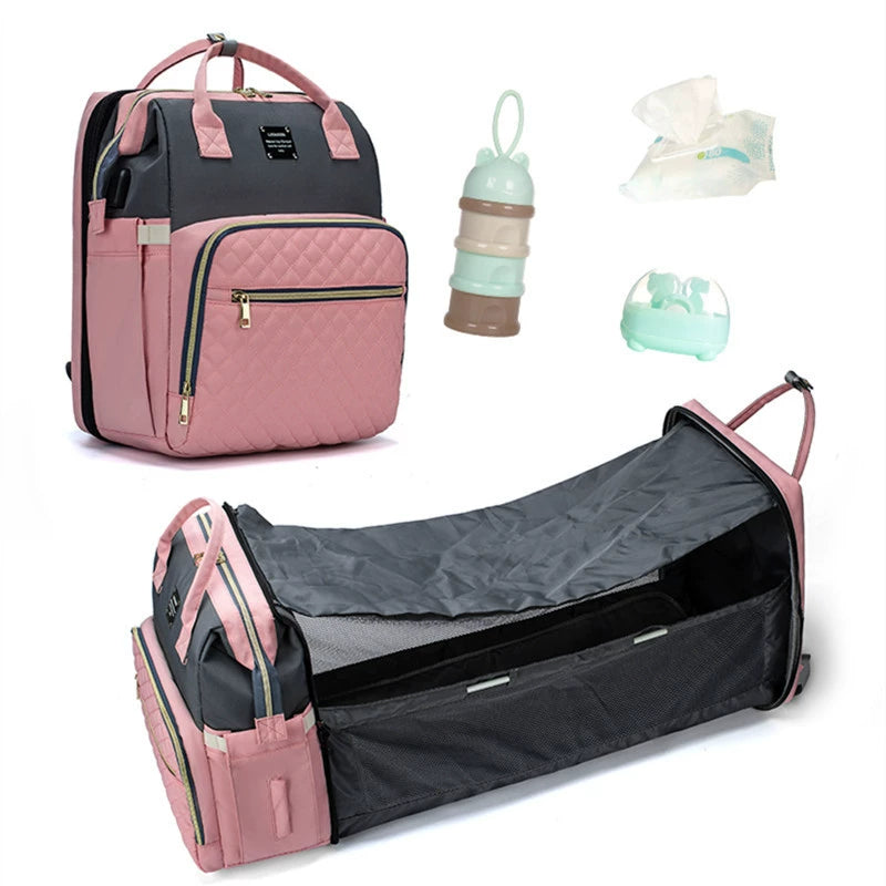 New Portable Foldable Baby Crib Diaper Bag - Multifunctional Maternity Backpack with Sunshade for Moms