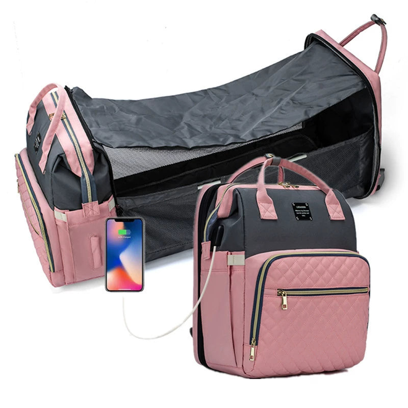 New Portable Foldable Baby Crib Diaper Bag - Multifunctional Maternity Backpack with Sunshade for Moms