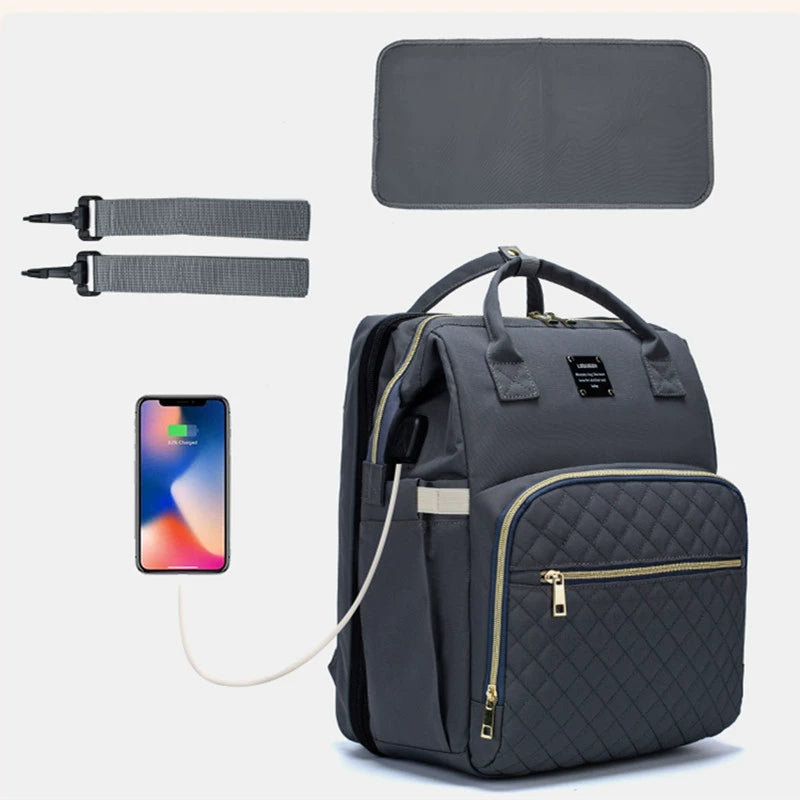 New Portable Foldable Baby Crib Diaper Bag - Multifunctional Maternity Backpack with Sunshade for Moms