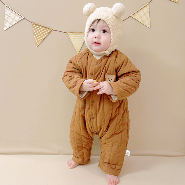 Baby Winter Padded Romper - Embroidered Bear Quilted Jumpsuit for Infants