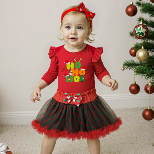 Christmas Baby Girl 3-Piece Set - Santa Dress Outfit with Romper & Skirt