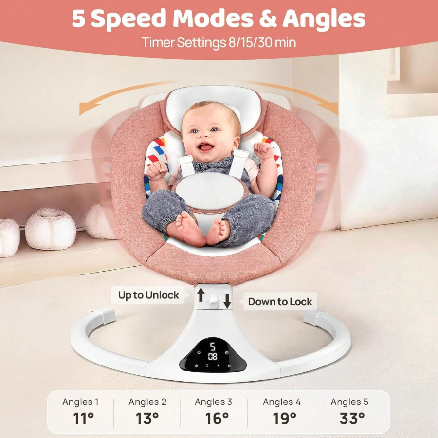Baby Swings For Infants, Pink Infant Swing With Bluetooth & Remote Control, Portable Baby Swing For Indoor And Outdoor