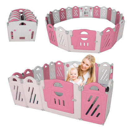 20+2 Panel Baby Playpen, Foldable Playard for Baby and Kids, Adjustable Shape Play Fence with Safety Lock Gate (Pink+White,20+2 Panel)