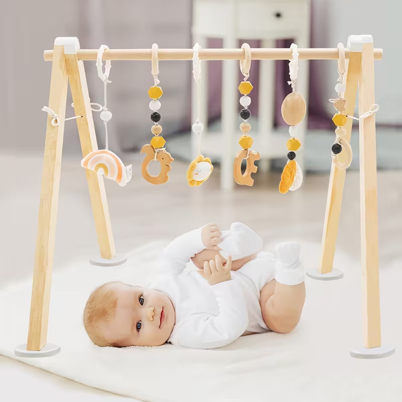 Wooden Baby Gym Featuring Six Hanging Toys, a Foldable Design Suitable for Infants Aged 0-12 Months, Perfect As a Gift for Newborns