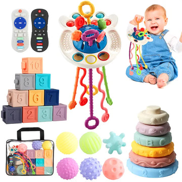 5-in-1 Baby Sensory Toys for 6 to 36 Months, Pull String Toys, Stacking Blocks, Sensory Shapes Simulation Remote Control