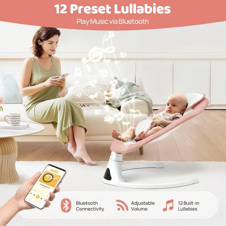 Baby Swings For Infants, Pink Infant Swing With Bluetooth & Remote Control, Portable Baby Swing For Indoor And Outdoor