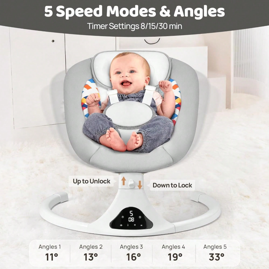 Remote Control Baby Swing – 5 Speed Electric Infant Rocker with Bluetooth & Lullabies, Portable Folding Chair for Newborn