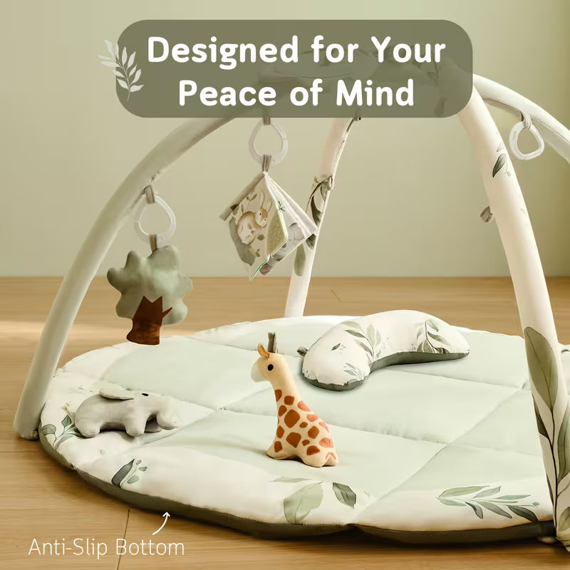 Baby Play Gym & Activity Mat, Tummy Time Mat W 5 Detachable Toys And Pillow, Large Sensory Playmat for Floor, Newborn Infant Baby Essentials