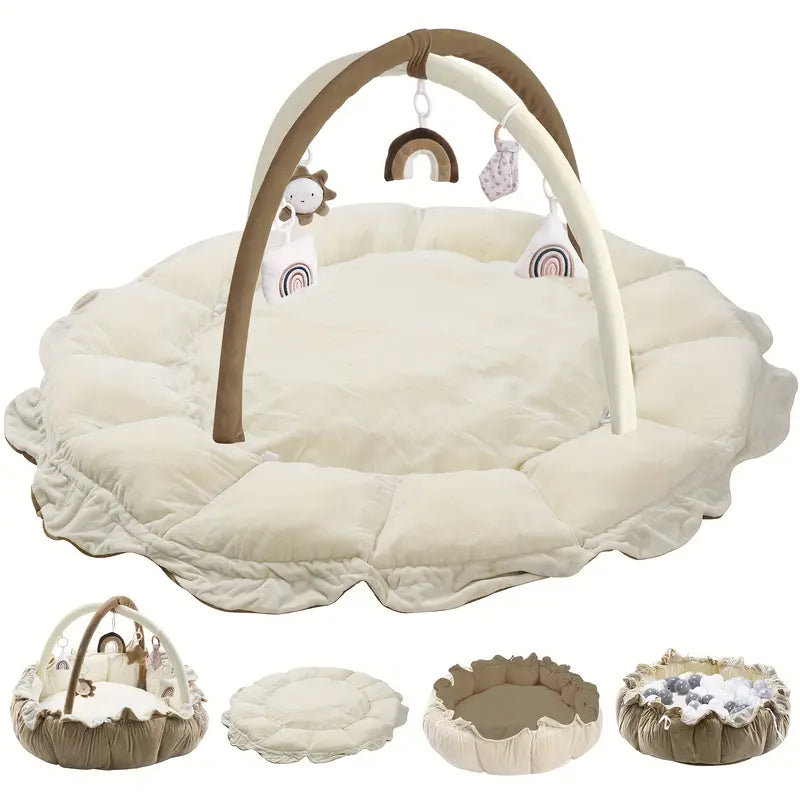5-in-1 Thick & Plush Baby Play Gym, Tummy Time Mat with 6 Toys