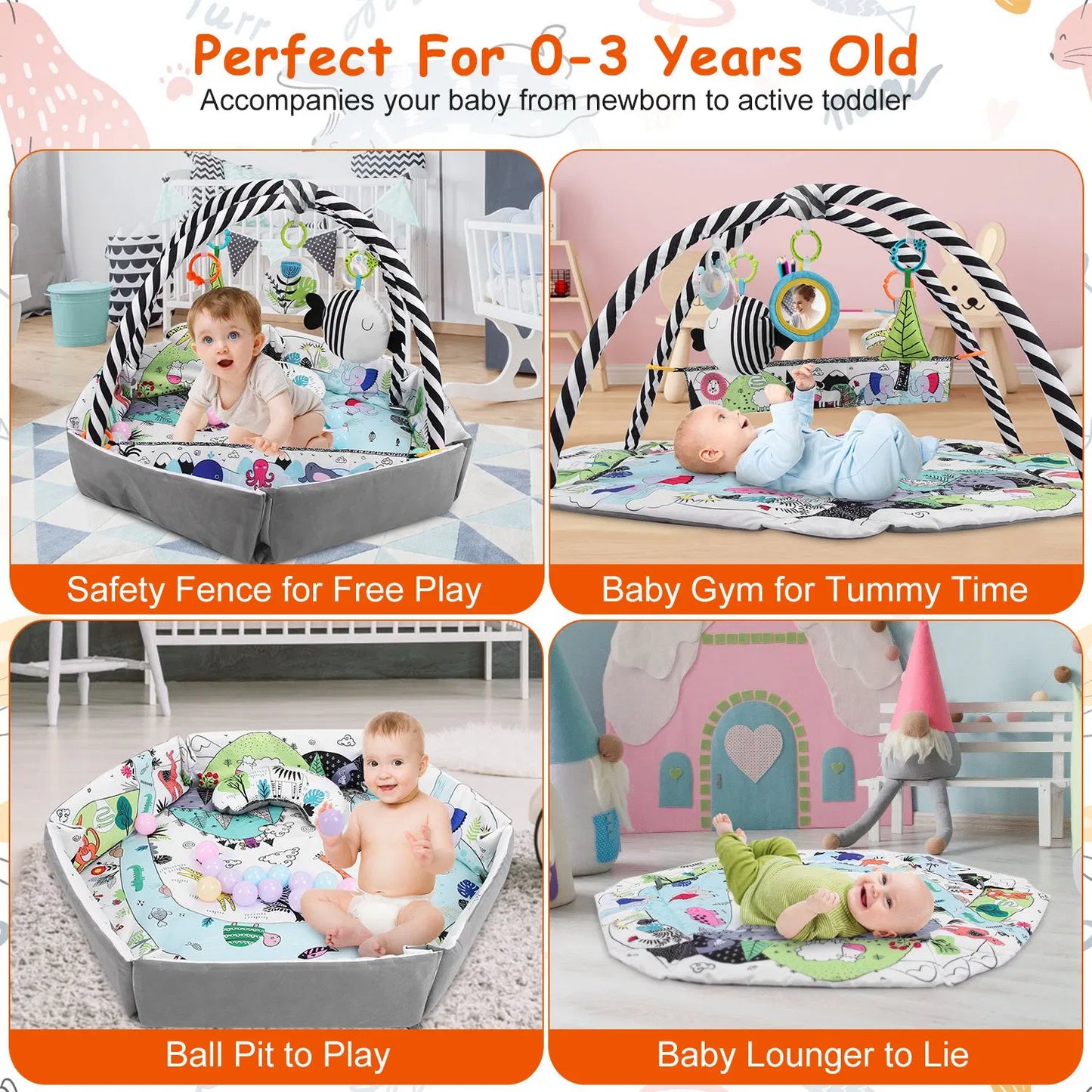 4 In 1 Baby Gym Play Mat Ball Pit Baby Lounger Safety Fence Tummy Time Mat Baby Activity Center with Pillow 18 Balls 9 Toys for 0-3 Years Old