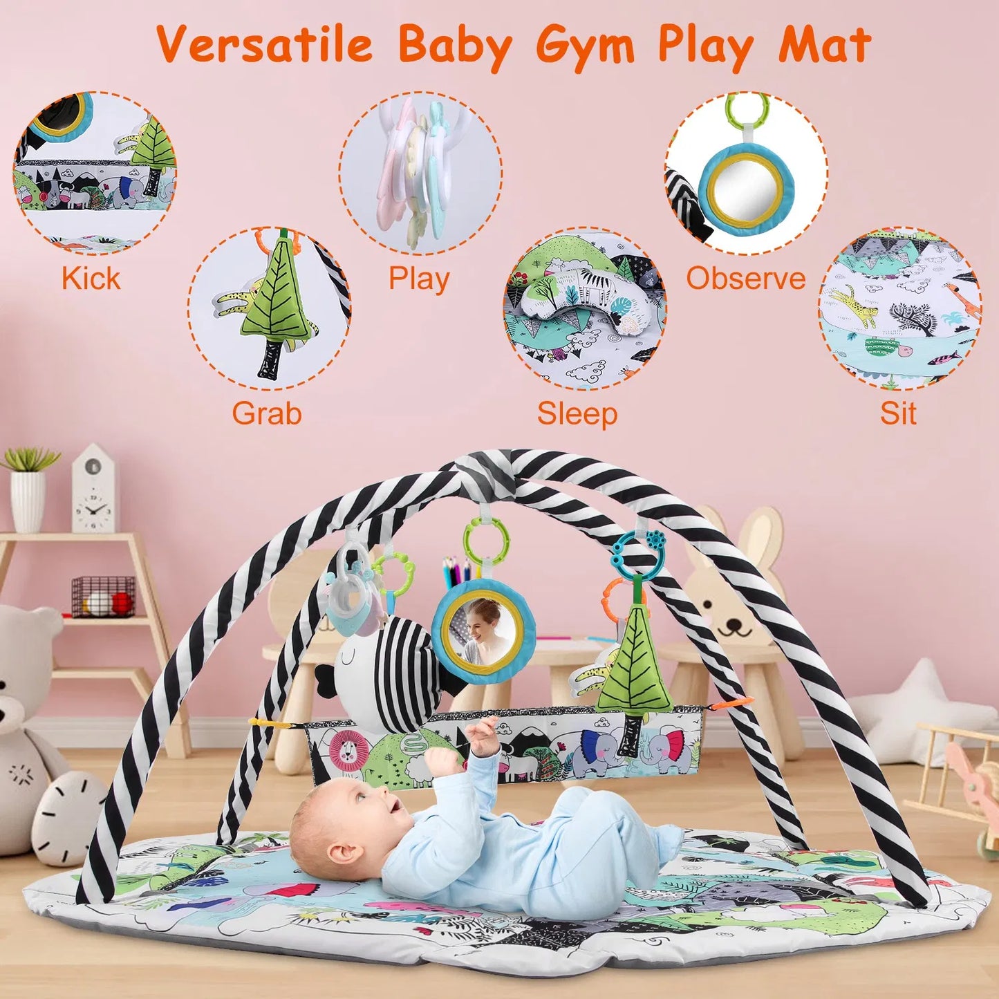 4 In 1 Baby Gym Play Mat Ball Pit Baby Lounger Safety Fence Tummy Time Mat Baby Activity Center with Pillow 18 Balls 9 Toys for 0-3 Years Old