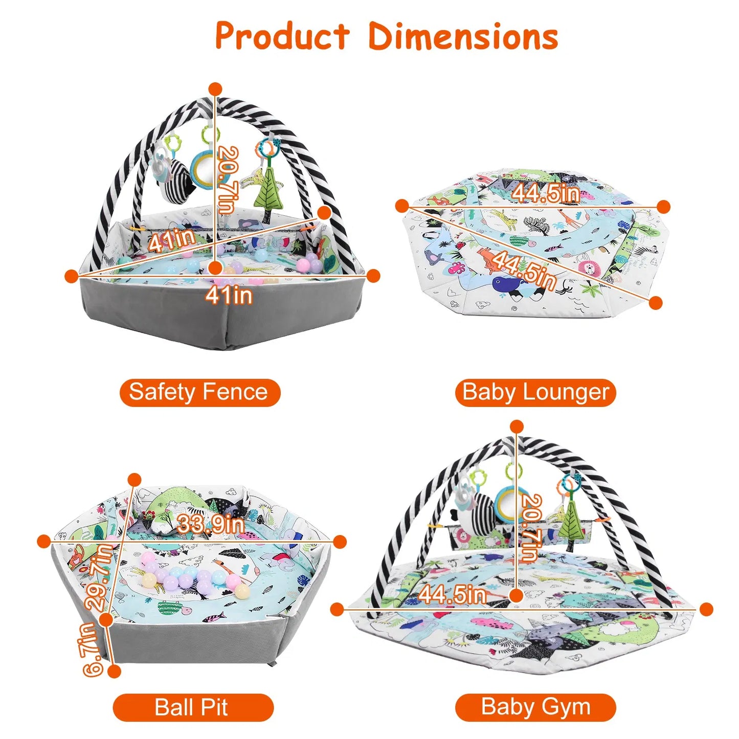 4 In 1 Baby Gym Play Mat Ball Pit Baby Lounger Safety Fence Tummy Time Mat Baby Activity Center with Pillow 18 Balls 9 Toys for 0-3 Years Old