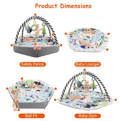 4 In 1 Baby Gym Play Mat Ball Pit Baby Lounger Safety Fence Tummy Time Mat Baby Activity Center with Pillow 18 Balls 9 Toys for 0-3 Years Old