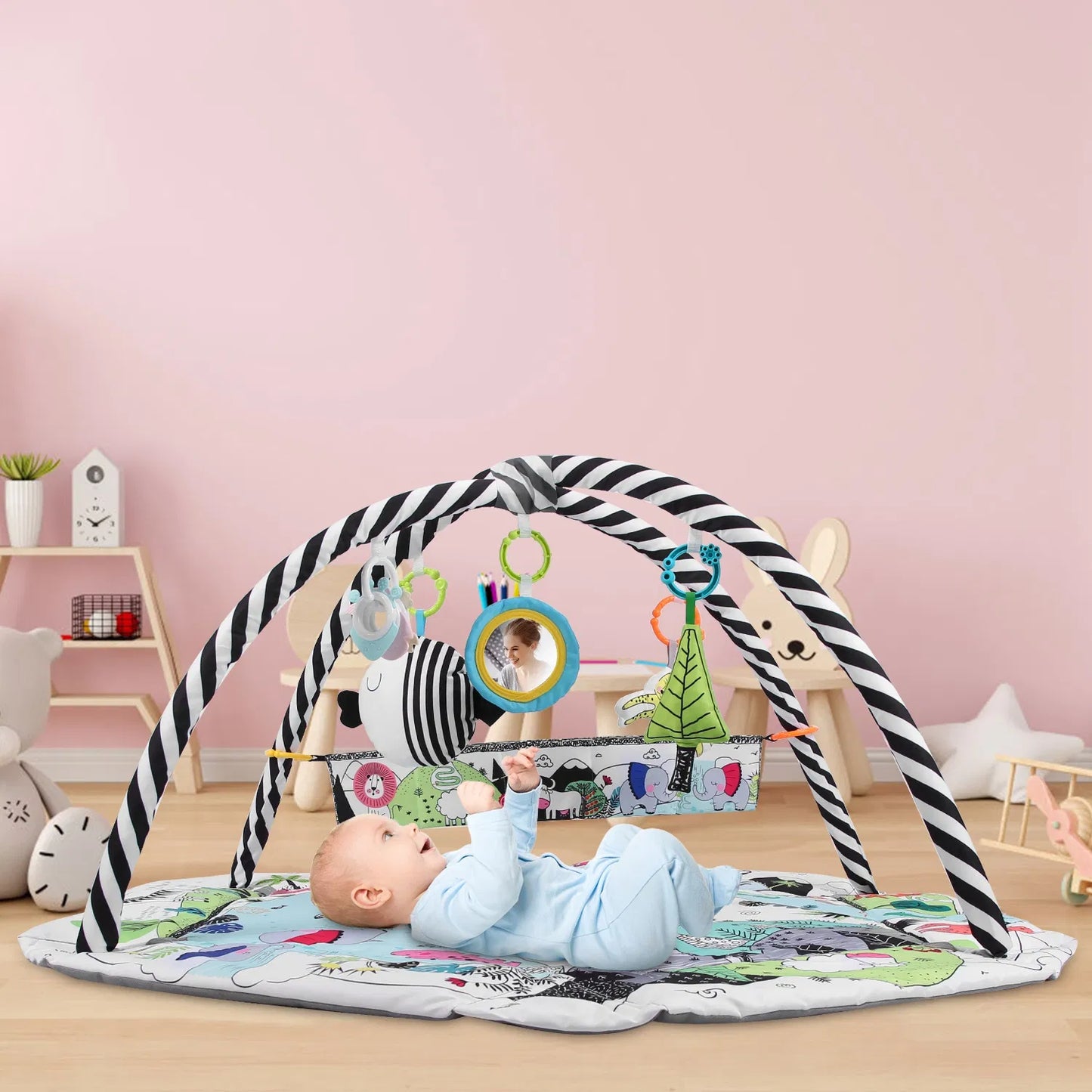 4 In 1 Baby Gym Play Mat Ball Pit Baby Lounger Safety Fence Tummy Time Mat Baby Activity Center with Pillow 18 Balls 9 Toys for 0-3 Years Old