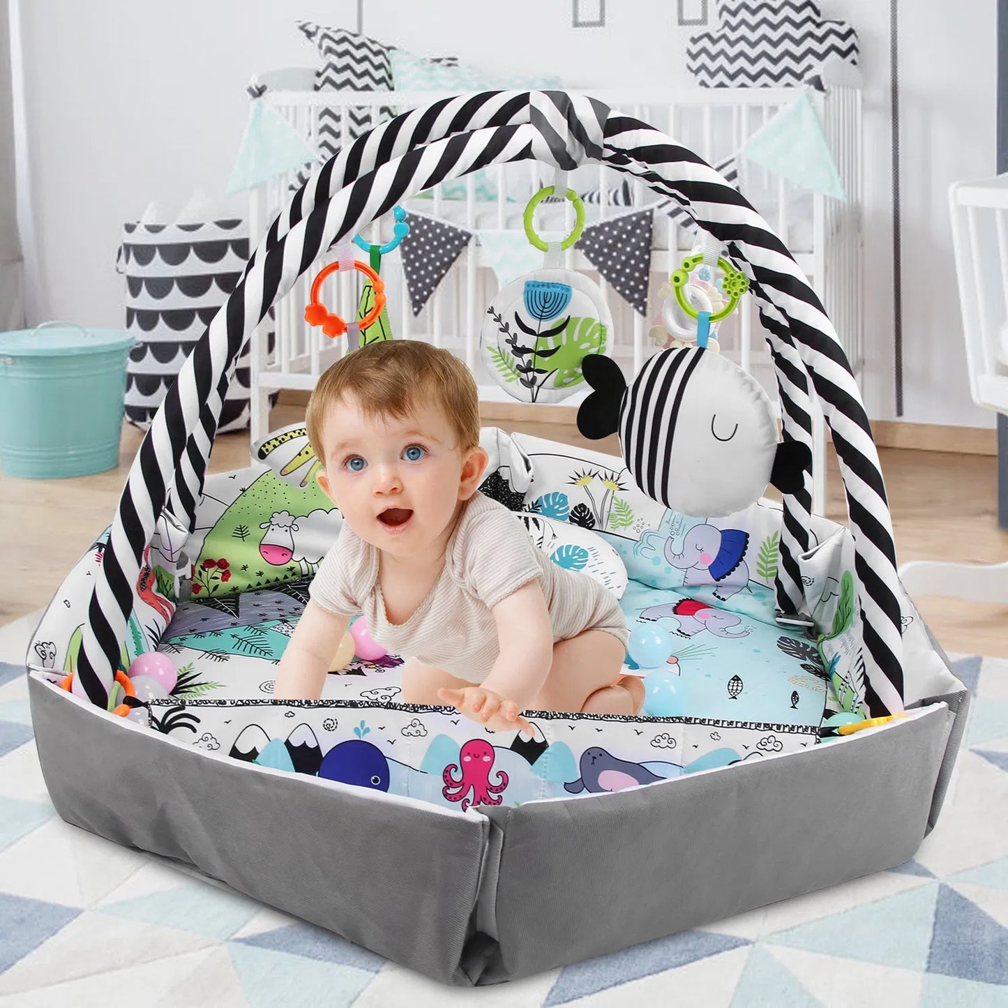 4 In 1 Baby Gym Play Mat Ball Pit Baby Lounger Safety Fence Tummy Time Mat Baby Activity Center with Pillow 18 Balls 9 Toys for 0-3 Years Old