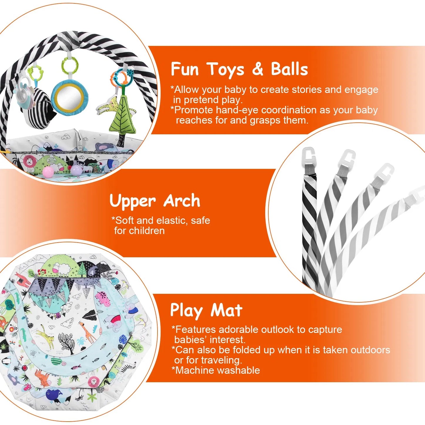 4 In 1 Baby Gym Play Mat Ball Pit Baby Lounger Safety Fence Tummy Time Mat Baby Activity Center with Pillow 18 Balls 9 Toys for 0-3 Years Old