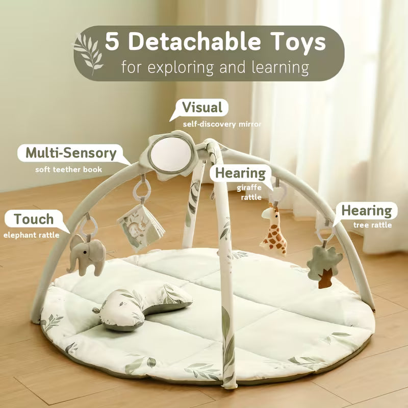 Baby Play Gym & Activity Mat, Tummy Time Mat W 5 Detachable Toys And Pillow, Large Sensory Playmat for Floor, Newborn Infant Baby Essentials