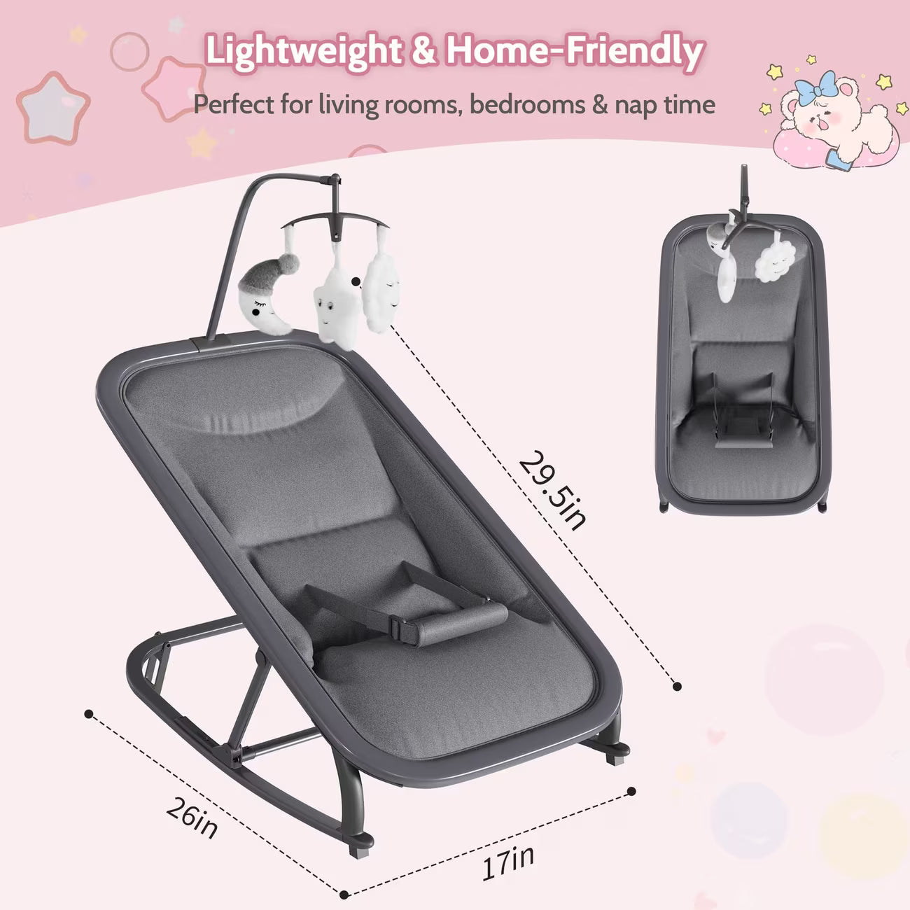 Baby Bouncer Folding Bouncer Seat Chair for Babies 0-9 Months with Toy Bar Gray