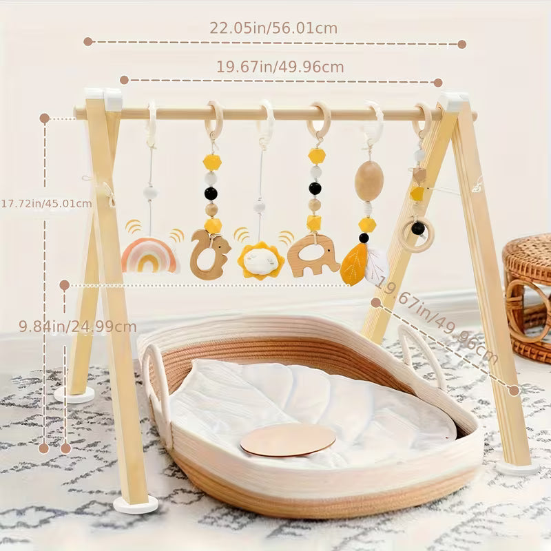 Wooden Baby Gym Featuring Six Hanging Toys, a Foldable Design Suitable for Infants Aged 0-12 Months, Perfect As a Gift for Newborns