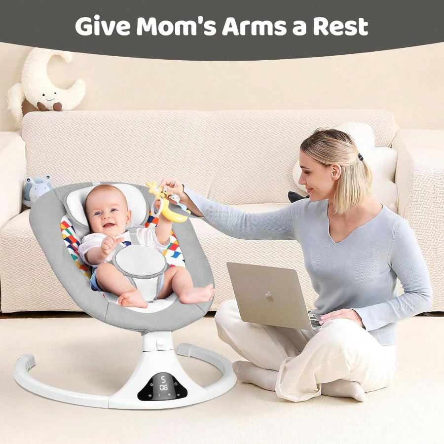 Remote Control Baby Swing – 5 Speed Electric Infant Rocker with Bluetooth & Lullabies, Portable Folding Chair for Newborn