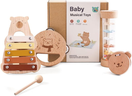 Baby Musical Instruments - Your Child's First Musical Toys with Castanet Rainmaker Tambourine Xylophone - Baby Friendly Design Wooden Instruments Set